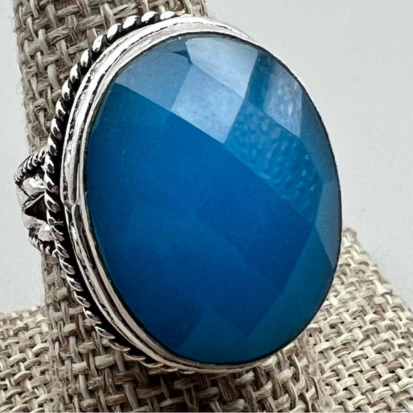New Blue Chalcedony Agate Stone Oval Faceted Silver Overlay Ring Size 7.75 - 8 - Picture 10 of 10
